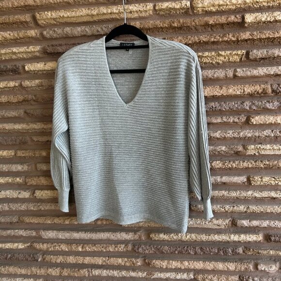 1 State Metallic Silver Ribbed Knit Pleated Sleeves V Neck Sweater Size XS - Picture 6 of 7